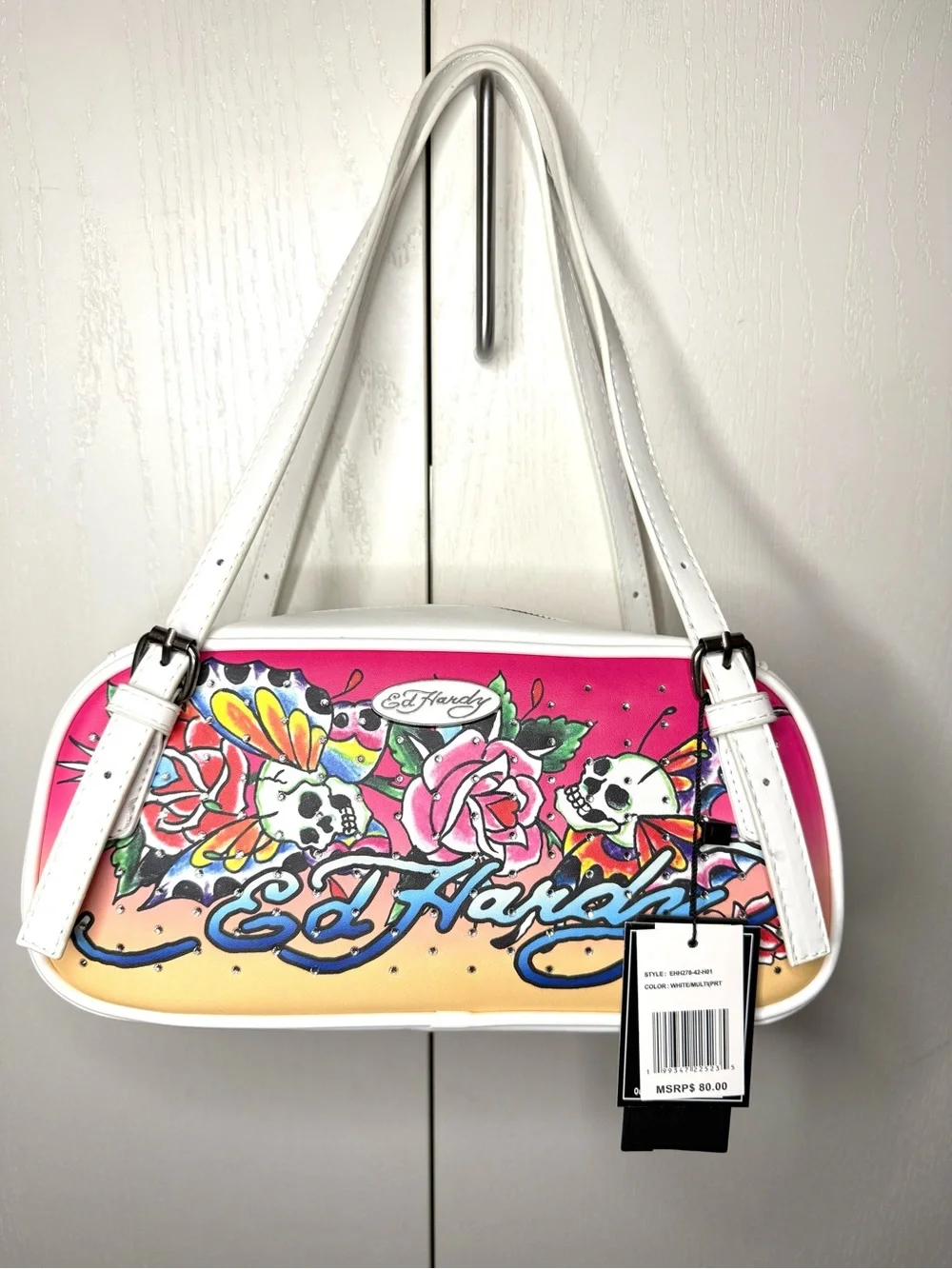 Ed Hardy Pink & White Multicolored Floral Skull Bowler Shoulder Bag NWT